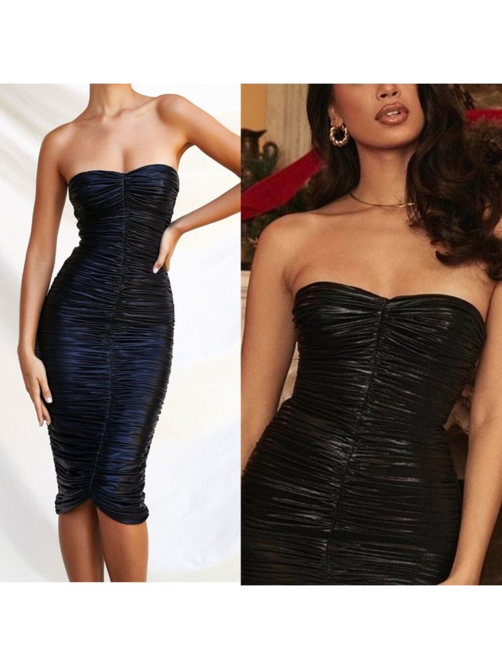 Whimsigoth House Of CB Size XS NEW Black Marli Ruched Satin Strapless Midi Dress